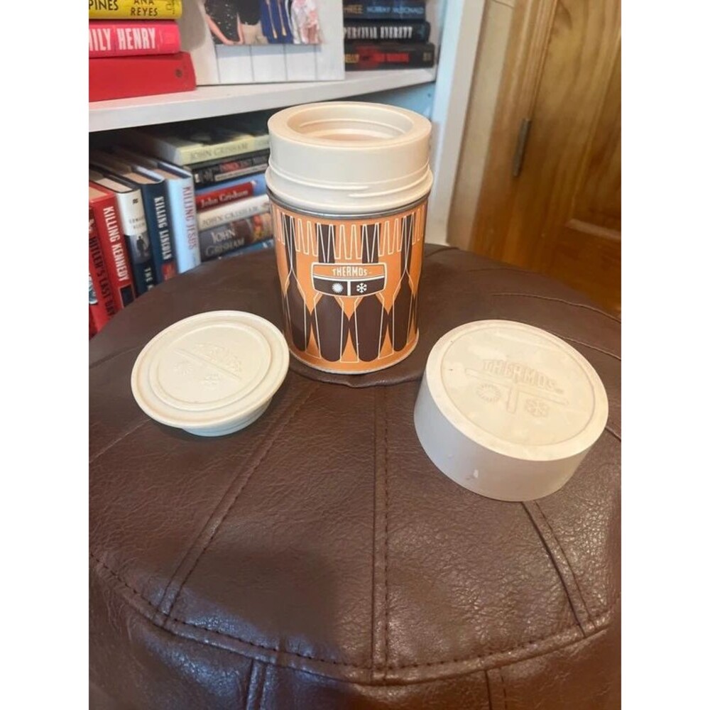 vintage 1971 King-Seeley Thermos Co. Bottle No. 7063 featuring an orange and bro